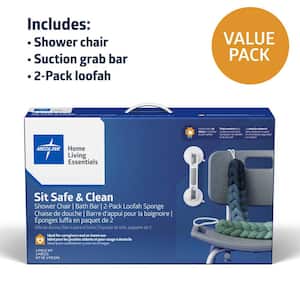 3-in1 Bath Essentials Kit for Caregivers, Seniors and Adults: Shower Chair, Grab Bar and 2-Pack Loofah