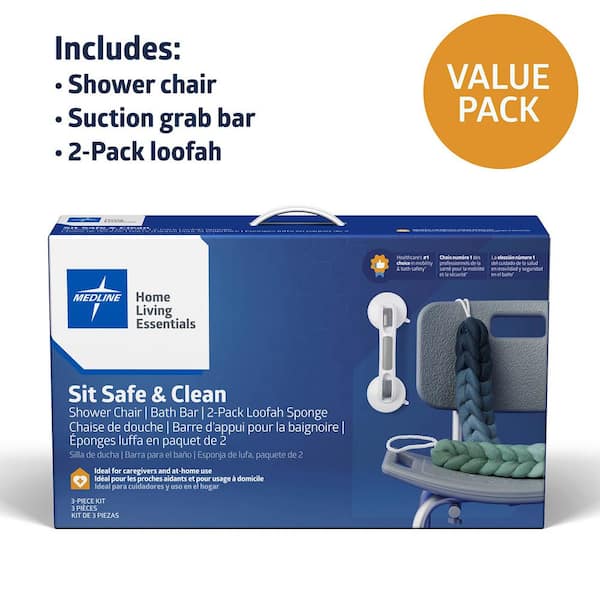 Medline 3-in1 Bath Essentials Kit for Caregivers, Seniors and Adults: Shower Chair, Grab Bar and 2-Pack Loofah