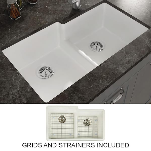Yorkshire Undermount Fireclay 33 in. 55/45 Double Bowl Kitchen Sink with Grid and Strainer in White