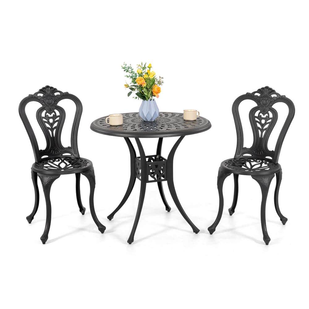 Nuu Garden Black 3Piece Cast Aluminum Outdoor Bistro Set, 2Patio Chairs and 31 in. Round