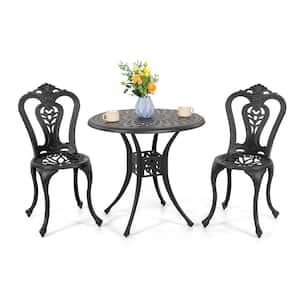 Black 3-Piece Cast Aluminum Outdoor Bistro Set, 2-Patio Chairs and 31 in. Round Bistro Table with Ice Bucket Function
