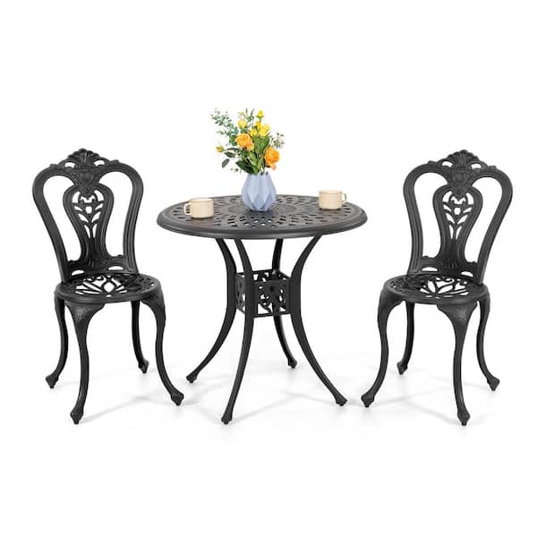 Nuu Garden Black 3-Piece Cast Aluminum Outdoor Bistro Set, 2-Patio Chairs and 31 in. Round Bistro Table with Ice Bucket Function