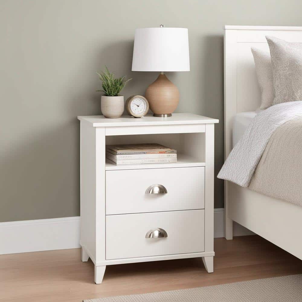White Tall 2-Drawer Nightstand with Open Cubby