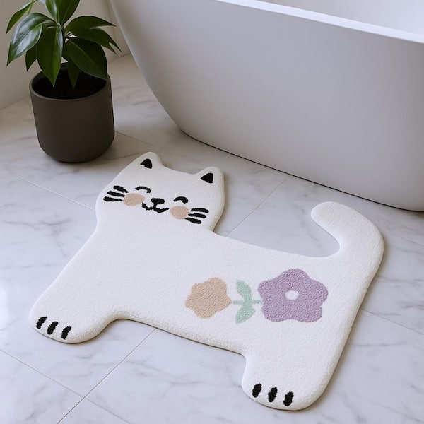 2 ft. x 3 ft. White Kitty Cat And Flowers Youthful Washable Area Rug