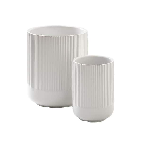 White Ceramic 2-Piece Fluted Utensil Holder Set for Kitchen Counter Storage with Stable Heavy Design