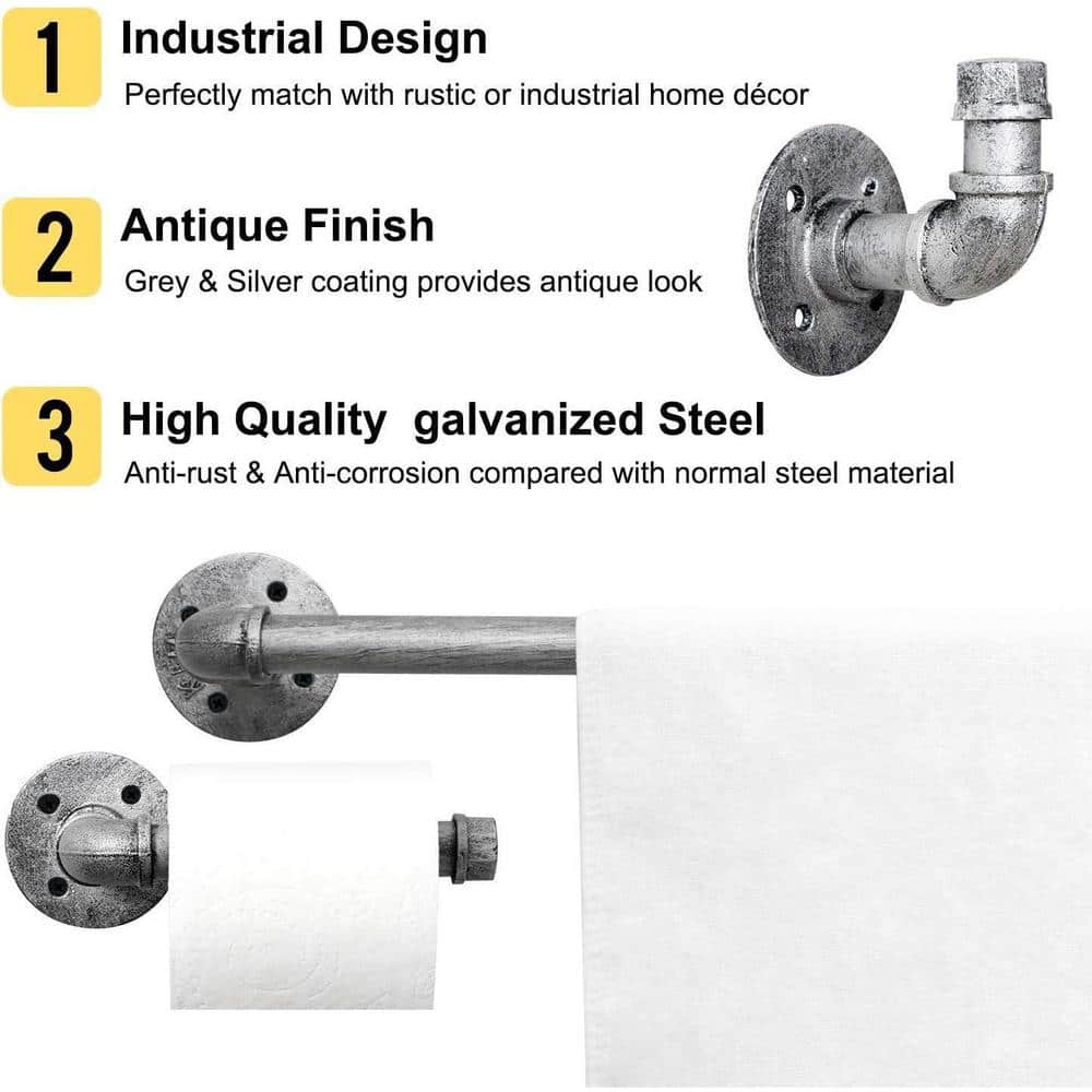 Industrial Matte Gray Steel Wall Mounted Towel Bar Set