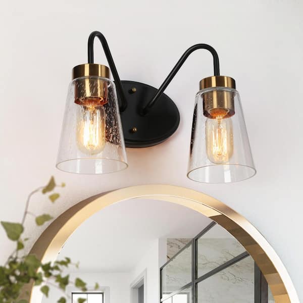 Transitional 12.5 in. 2-Light Brass and Black Wall Sconce with Seeded Glass Shade Wall Lamp, Bathroom Vanity Light