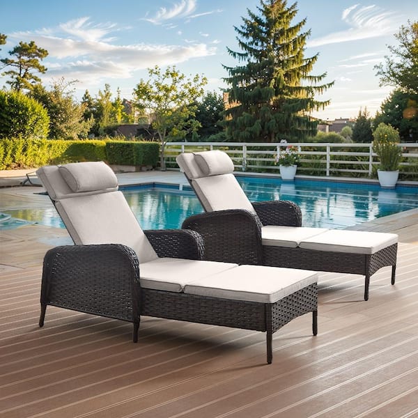 Brown Wicker Outdoor Folding Chaise Lounge Chair Fully Flat for Patio with CushionGuard Beige Seat Back Cushion