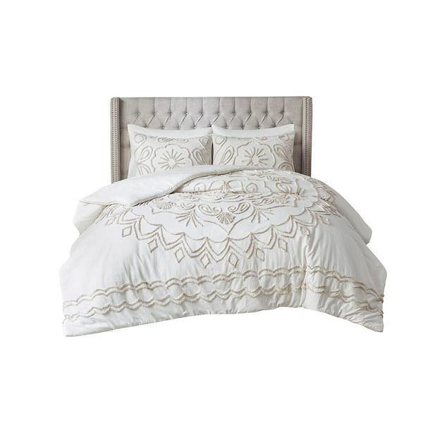 Afoxsos Ivory and Taupe Tufted Cotton Chenille Duvet Cover Queen Set, (3-Pack)