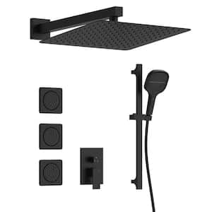 12 in. 3-Jet High Pressure Rainfall Shower System with Body Spray Solid Brass Valve included in Matte Black