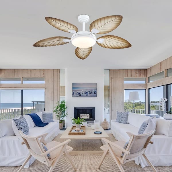 52 in. Indoor/Outdoor White 5 Palm Leaf Shaped Blades Ceiling Fan with Dimmable LED Light and Remote/APP Control