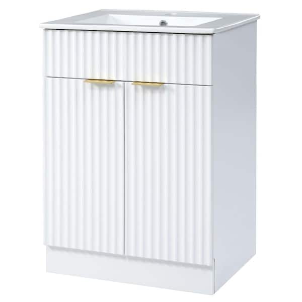 Aoibox 24 in. W x 18.3 in. D x 33.9 in. H Single Sink Freestanding Bath Vanity in White with White Ceramic Top
