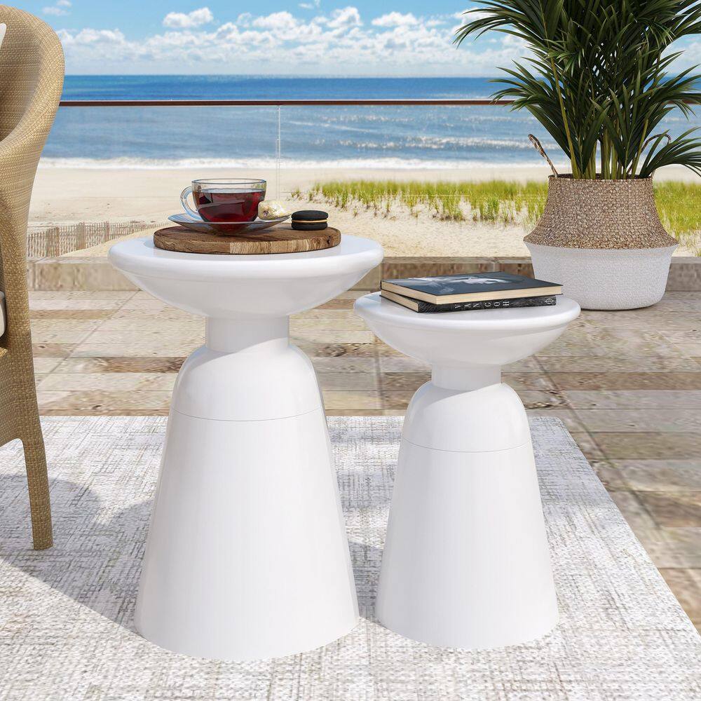 サイドテーブル　 Outdoor Iron Side Table with Flared Design, White (Set of 2