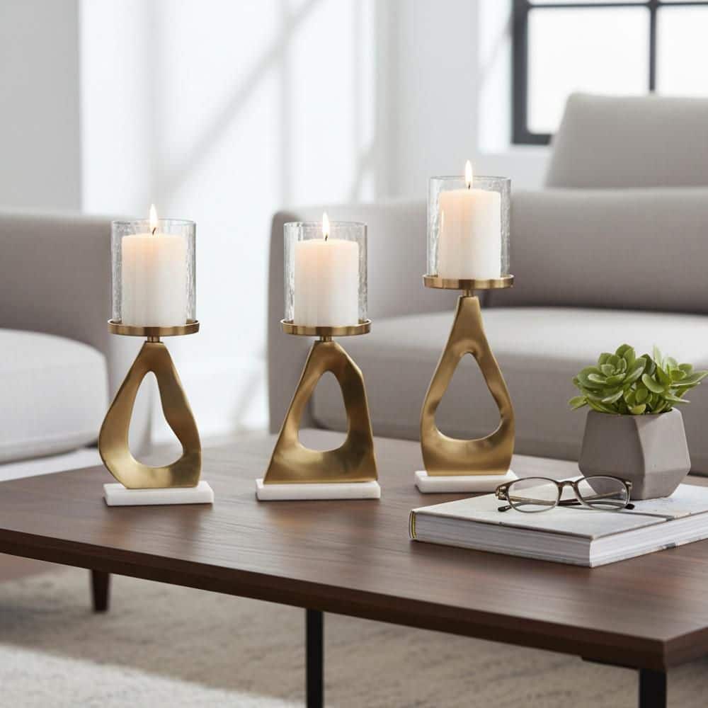 13 in. and 15 in. Gold Metal Decorative Pillar Candle Holders with Marble Base (Set of 3) price history on PriceWatchPro