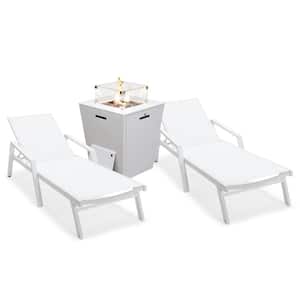 Marlin Modern White Aluminum Outdoor Chaise Lounge Chair With Arms Set of 2 and Fire Pit Table, White
