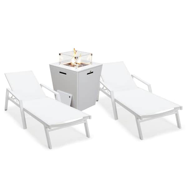 Leisuremod Marlin Modern White Aluminum Outdoor Chaise Lounge Chair With Arms Set of 2 and Fire Pit Table, White
