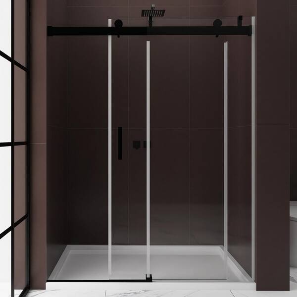 Staykiwi 60 in. W x 76 in. H Double Sliding Frameless Shower Door in Matte Black Finish with Buffer