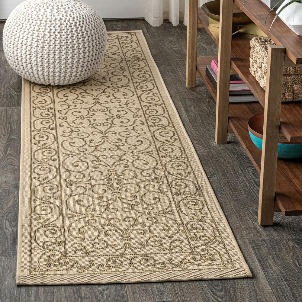 Charleston Vintage Filigree Beige & Brown 2'x8' Indoor/Outdoor Runner Rug