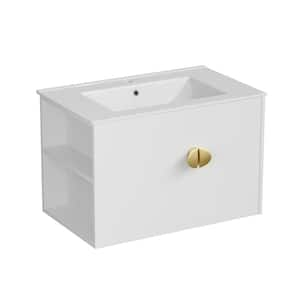 30 in. W Single Sink Floating Bath Vanity in White with Ceramic Top Unassembled, Two Doors and Left Open Shelves