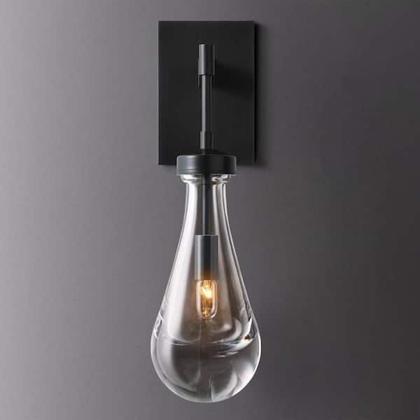 YUYI 17.7 in. 1 Light Black Wall Sconce, Raindrop Wall Lighting with Hand Blown Solid Glass, Brass Base and Rod (1 Set)