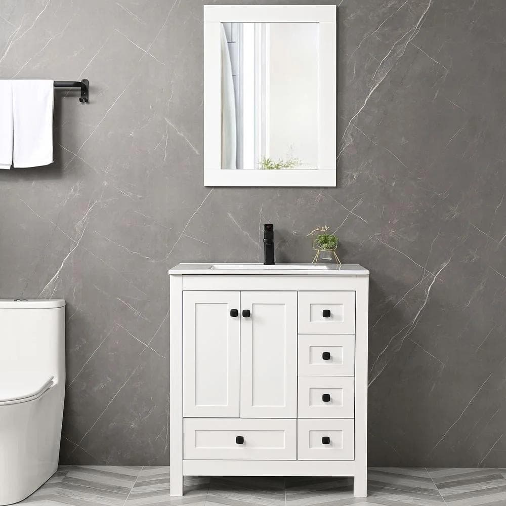 White 30" Freestanding Bathroom Vanity with Ceramic Sink and Mirror