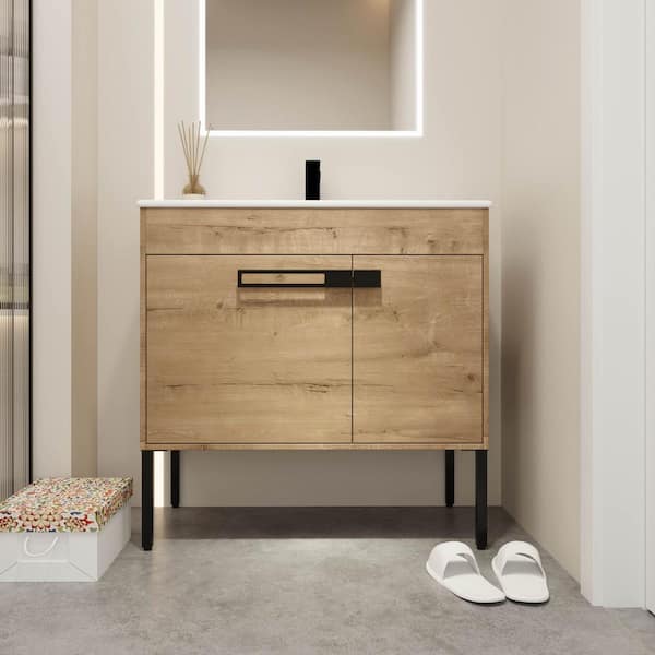 Unbranded 36 in. W x 19 in. D x 36 in. H Freestanding/Wall Single Sink Bath Vanity in Imitative Oak with White Ceramic Top