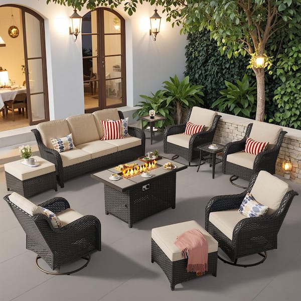 Joyoung Brown 10-Piece Wicker Patio Rectangle Fire Pit Conversation Set with Beige Cushions and Swivel Chairs