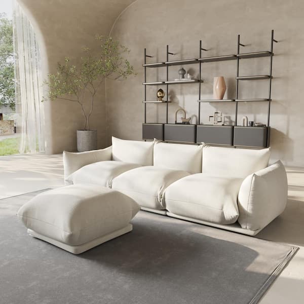 104 in. Flared Arm 4-Piece Chenille 3 Seater Modular Minimalist Convertible Couch Sectional Sofa with Ottoman in. Beige