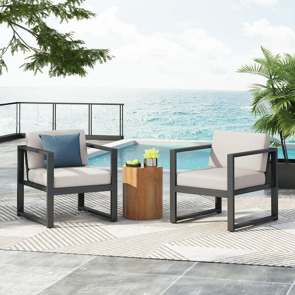 CHRISTOPHER KNIGHT HOME Modern Patio Black Aluminum Outdoor Lounge Chair with Beige Cushions (2-Pack)