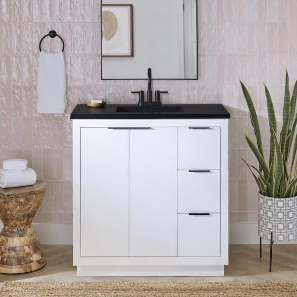 Harlock 37 in. Single Sink White Bath Vanity with Black Cultured Marble Top (Assembled)
