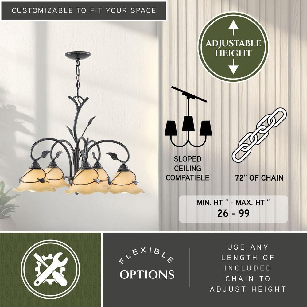 Elegant Rustic Vine 5-Light Chandelier with Amber Flake Glass Shades