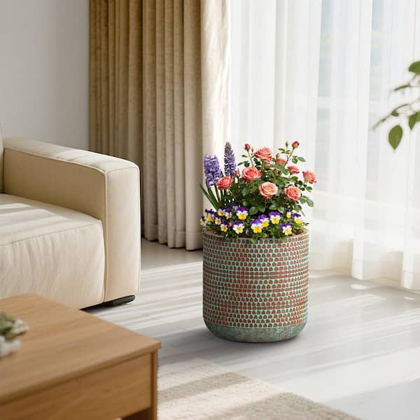 16 in. Medium Concrete Tall Round Planter / Pot with Drainage Holes for Indoor and Outdoor, Teal（Upgraded Interior）