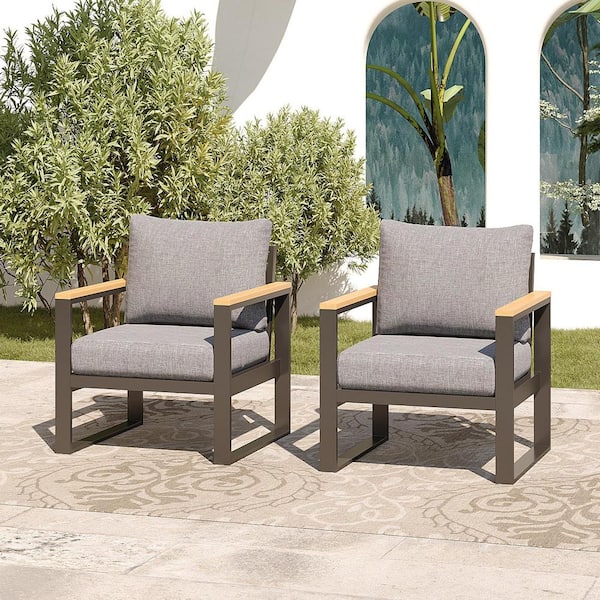 AURA OUTDOOR Outdoor 2-Piece Aluminum Patio Conversation Chair Set, Patio Chat Chair with Grey Cushions