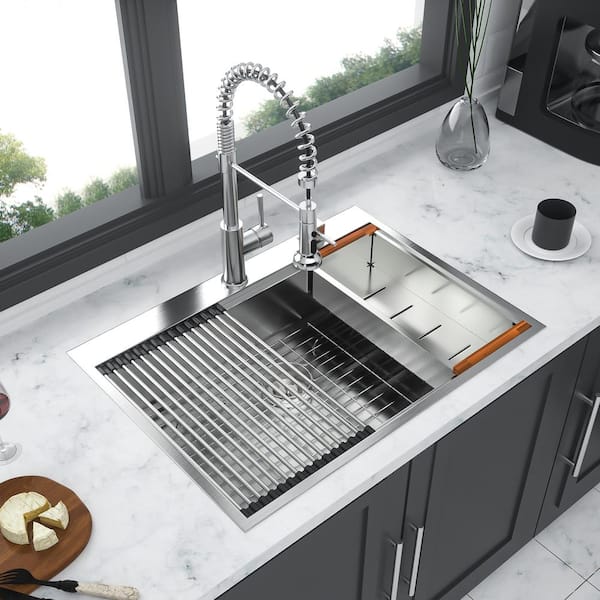 Staykiwi 30 in. Drop-in Single Bowl 16 Gauge Brushed Nickel Stainless Steel Kitchen Sink with Workstation