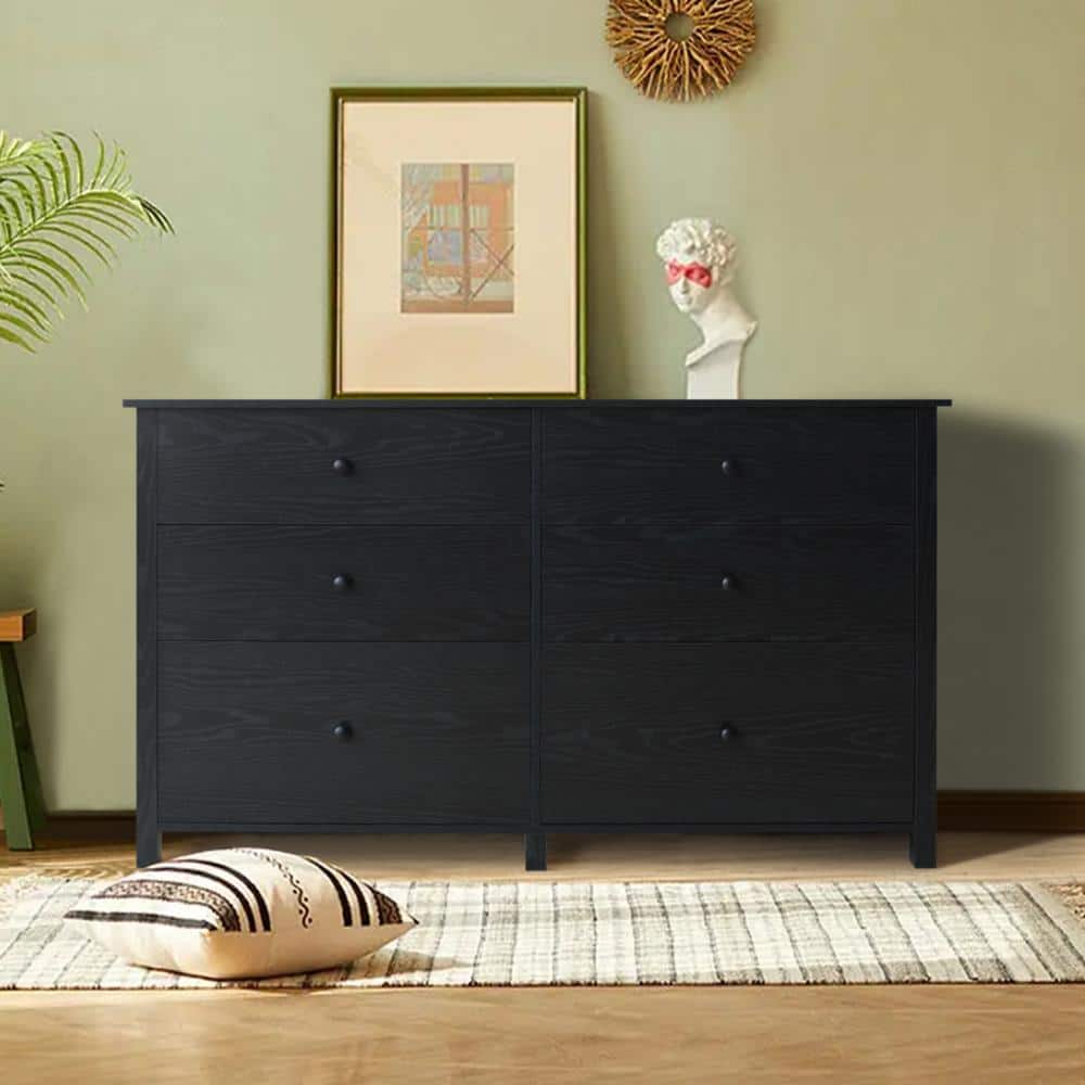 VEIKOUS Black 6Drawer Chest of Drawers Long Storage Dresser with 2