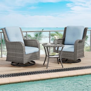 3-Piece Wicker Swivel Outdoor Rocking Chairs Patio Conversation Set with Baby Blue Cushions