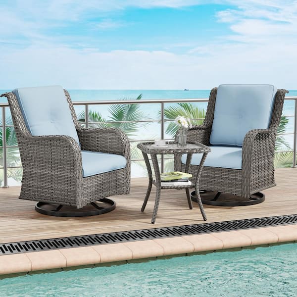 Gardenbee 3-Piece Wicker Swivel Outdoor Rocking Chairs Patio Conversation Set with Baby Blue Cushions