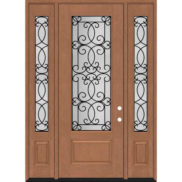 Regency 64 in. x 96 in. 3/4-Lite Georgian Decorative Glass LHIS Atm Mahogany Fiberglass Prehung Front Door Dbl12in.SL