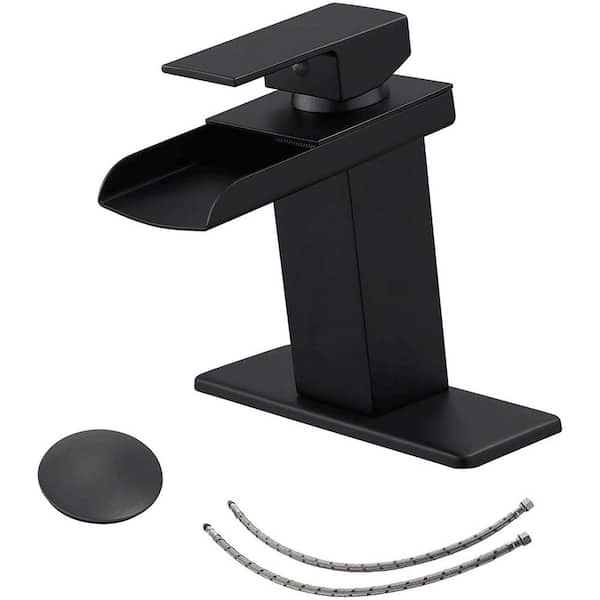 FORCLOVER Single-Handle Low-Arc Single-Hole Waterfall Bathroom Faucet with Pop-Up Drain Assembly in Matte Black