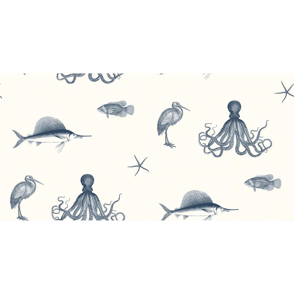 Navy and White Sea Creature Coastal Wallpaper