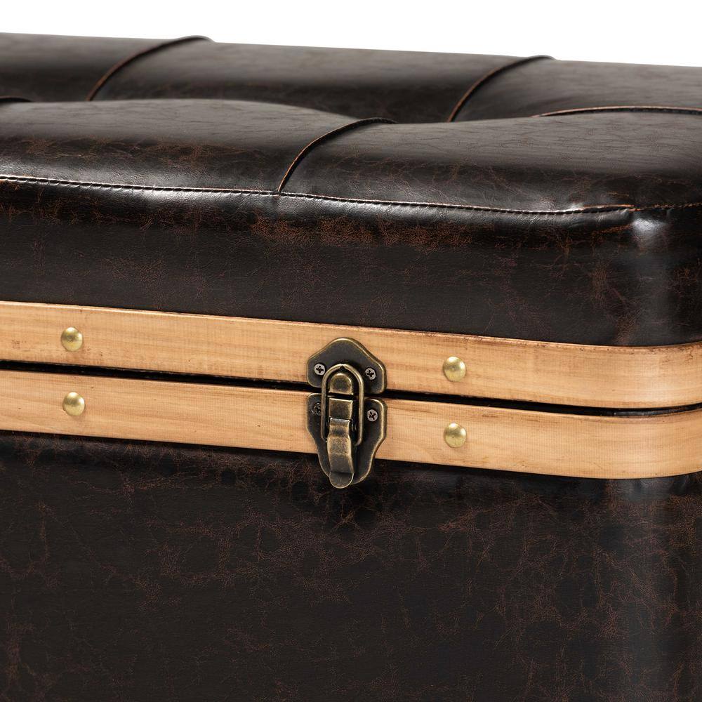 Dark Brown Faux Leather Tufted Storage Footstool with Oak Wood Bands