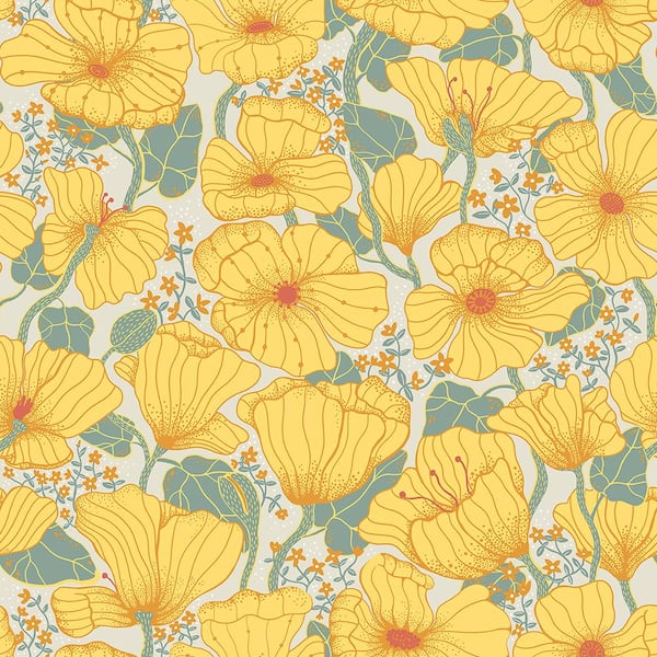 A-Street Prints Matilda Yellow Poppy Fields Wallpaper Sample