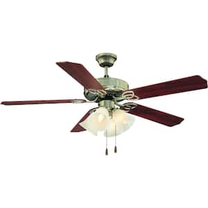 52 in. Indoor Brushed Nickel Ceiling Fan with Light and Reversible Rosewood/Walnut Blades and Alabaster Glass Shades
