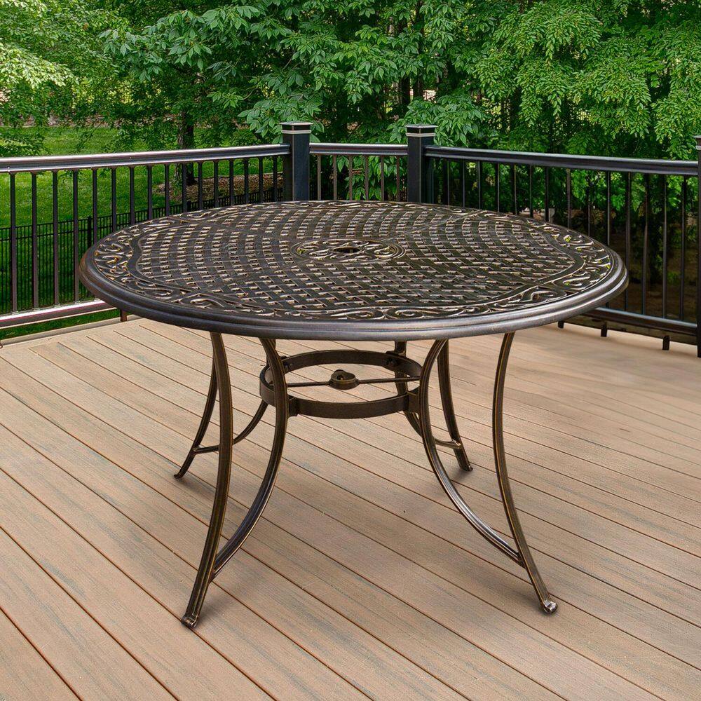 Bronze Aluminum Outdoor Dining Set with Blue Cushions
