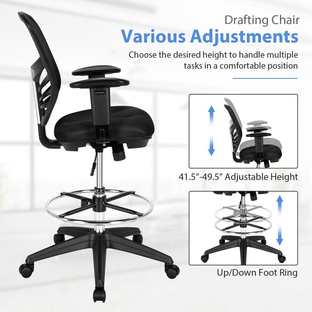Black Mesh Adjustable Swivel Drafting Chair with Foot-Ring