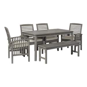 Grey Wash 6-Piece Simple Wood Outdoor Dining Set with Cream Cushions