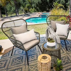 3-Piece Wicker Outdoor Bistro Set with Gray Cushions