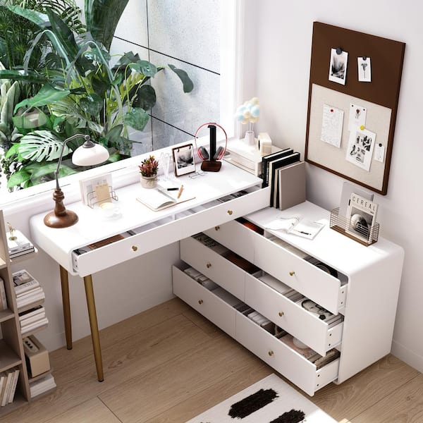 FUFU&GAGA 47.2 in. W x 47.2 in. D x 33.5 in. White H 8-Drawer Dresser L-Shaped in with Rotatable Desktop