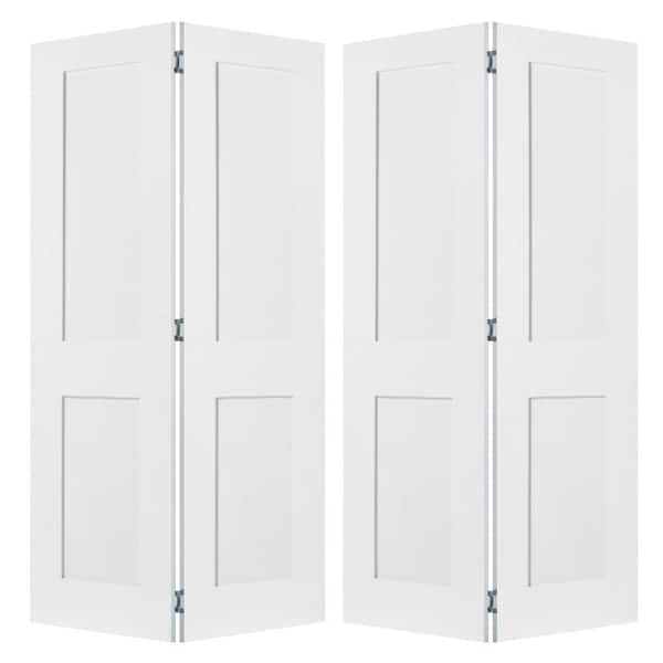 72 in. x 80 in. Shaker 2-Panel Solid Core Primed MDF Wood Interior Bifold Double Door with Hardware
