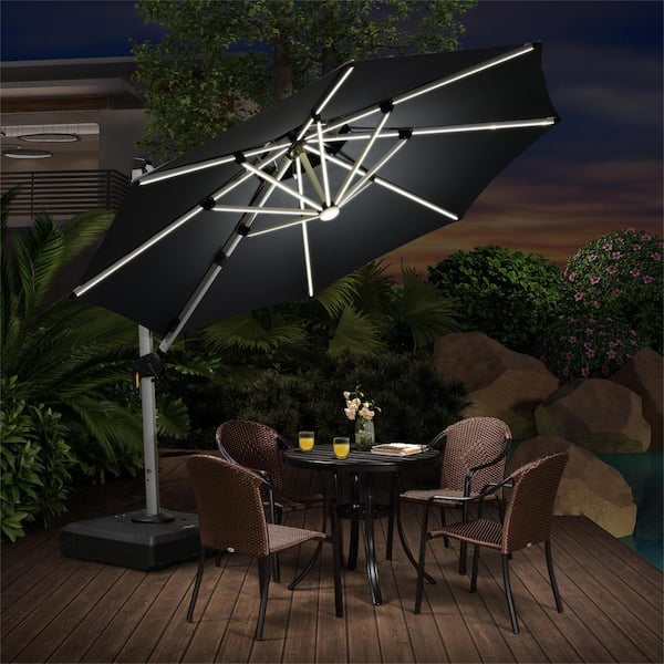 PURPLE LEAF 10 ft. Octagon Aluminum Solar Powered LED Patio Cantilever Offset Umbrella with Base, Gray